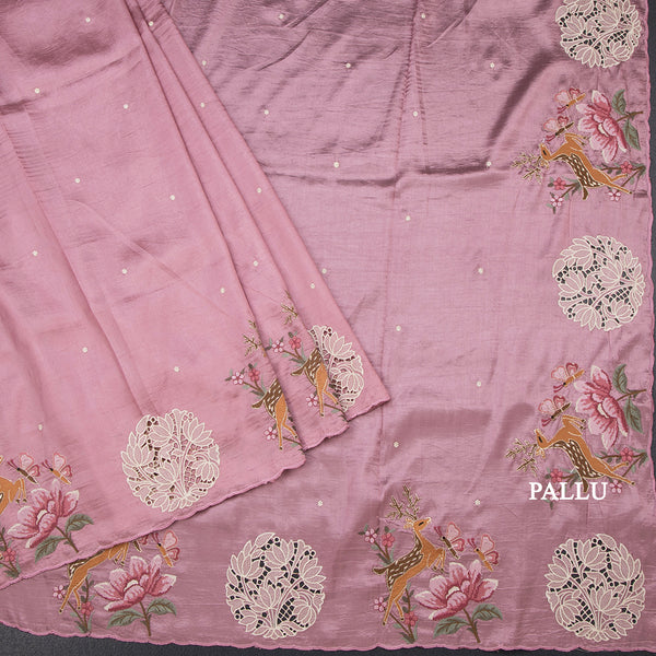 Raw Silk Onion Pink Saree With Thread Buttas And Cut Work Border