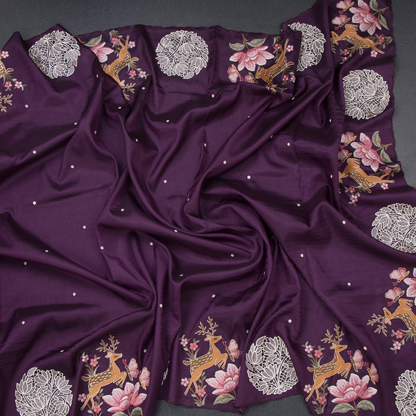 Raw Silk Dark Purple Saree With Thread Buttas And Cut Work Border
