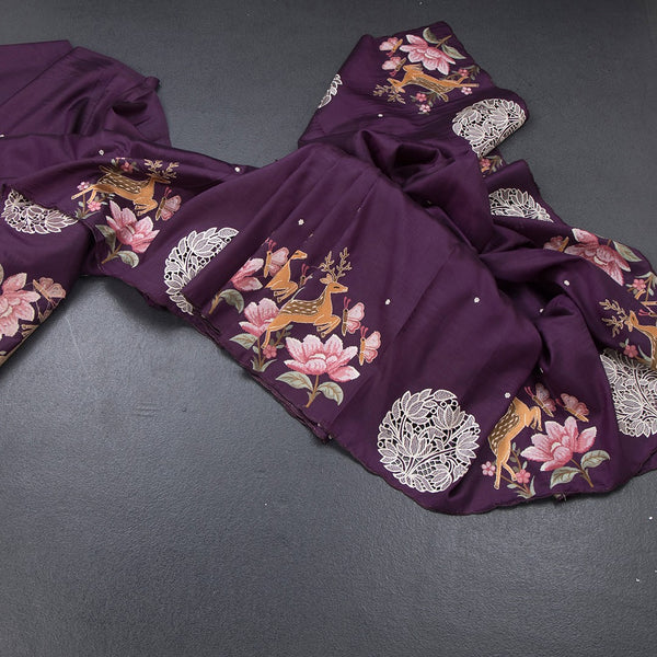Raw Silk Dark Purple Saree With Thread Buttas And Cut Work Border