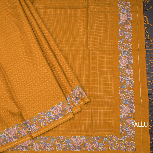 Raw Silk Mustard Yellow Zari Checked Saree And Thread Border