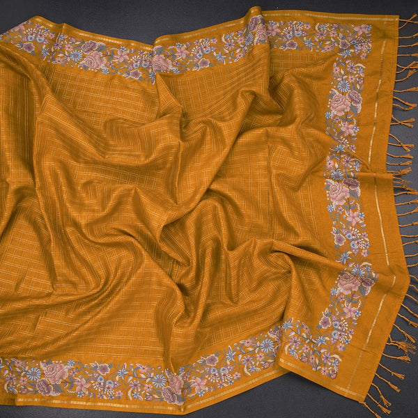 Raw Silk Mustard Yellow Zari Checked Saree And Thread Border