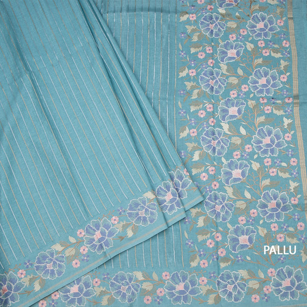 Raw Silk Sky Blue Zari Stripes Saree With Thread Border