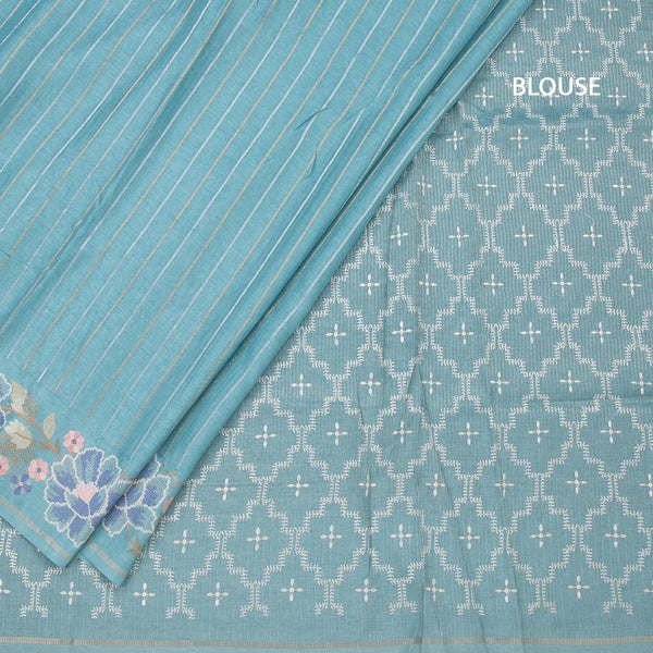 Raw Silk Sky Blue Zari Stripes Saree With Thread Border