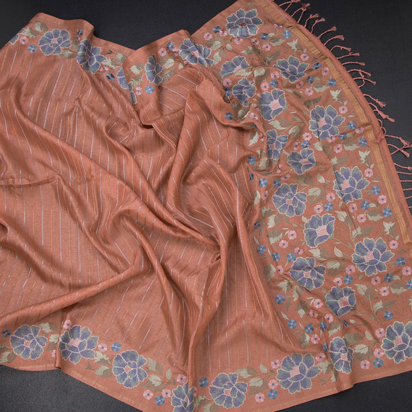 Raw Silk Peach Zari Stripes Saree With Thread Border