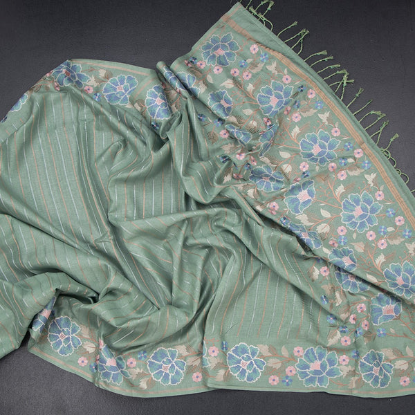 Raw Silk Sage Green Zari Stripes Saree With Thread Border