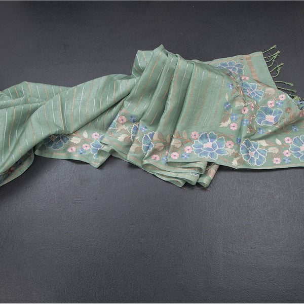 Raw Silk Sage Green Zari Stripes Saree With Thread Border