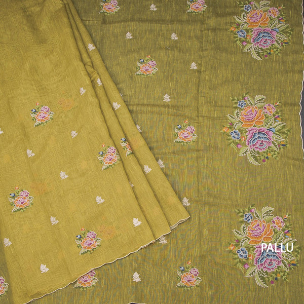 Linen Lemon Green Borderless Thread Work Saree
