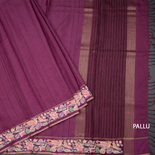 Raw Silk Magenta Purple Zari Stripes Saree And Thread Border