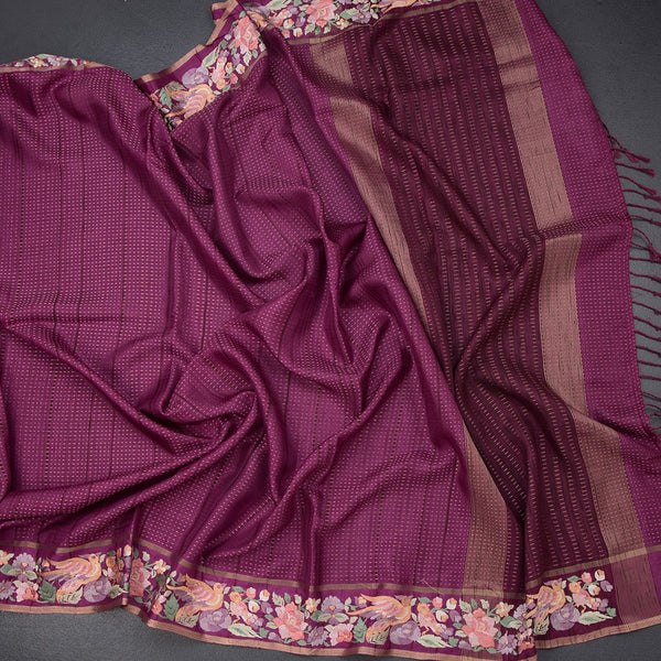 Raw Silk Magenta Purple Zari Stripes Saree And Thread Border