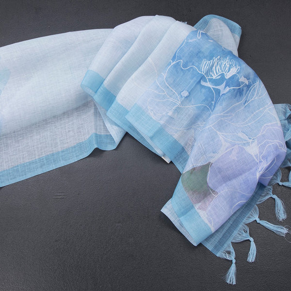 Semi Linen Pastel Blue Floral Printed Saree And Ribbon Border