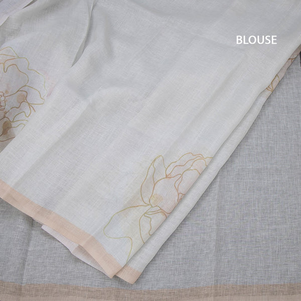 Semi Linen Light Pista Green Floral Printed Saree And Ribbon Border