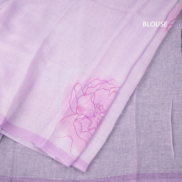 Semi Linen Lavender Floral Printed Saree And Ribbon Border
