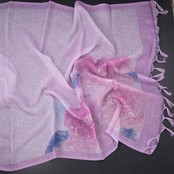 Semi Linen Lavender Floral Printed Saree And Ribbon Border