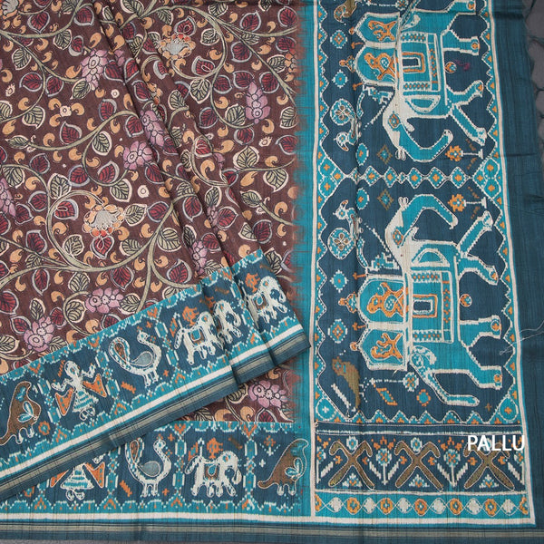 Raw Silk Dark Brown Kalamkari Printed Saree