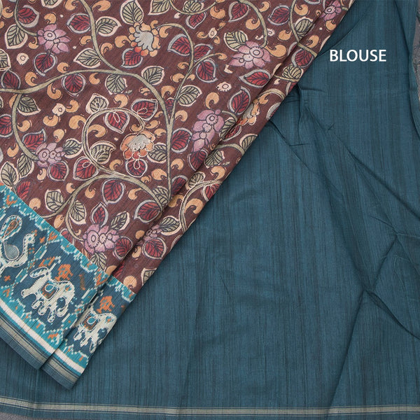 Raw Silk Dark Brown Kalamkari Printed Saree