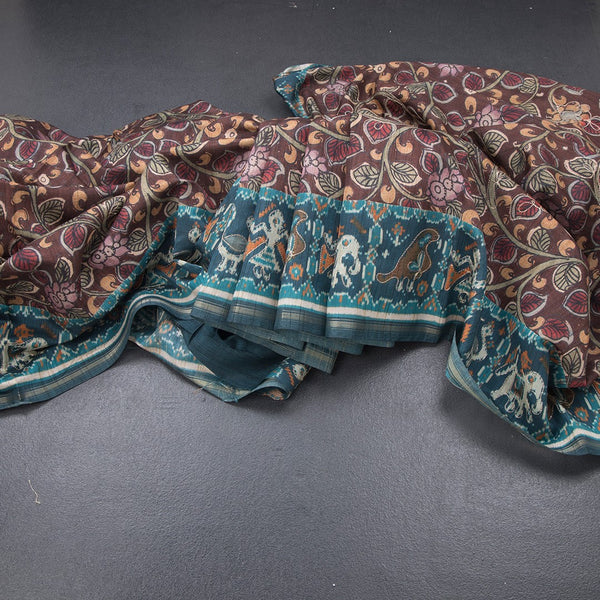 Raw Silk Dark Brown Kalamkari Printed Saree