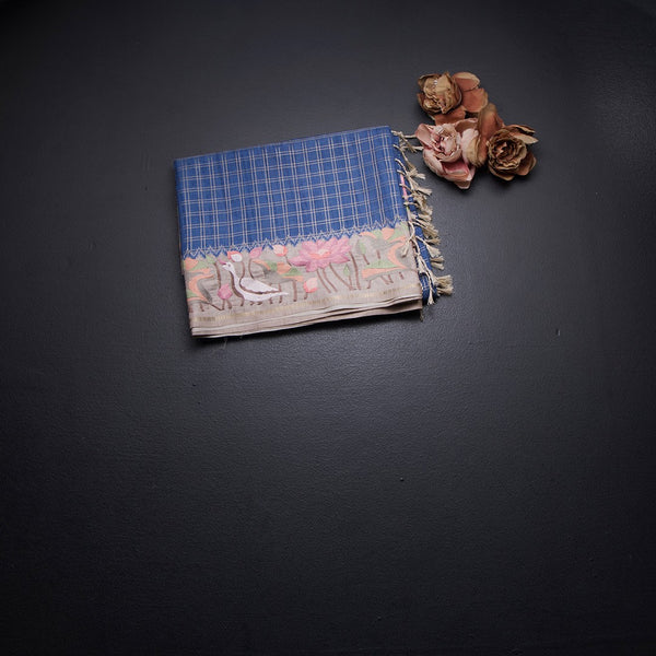 Raw Silk Blue Zari Checked Saree And Thread Border