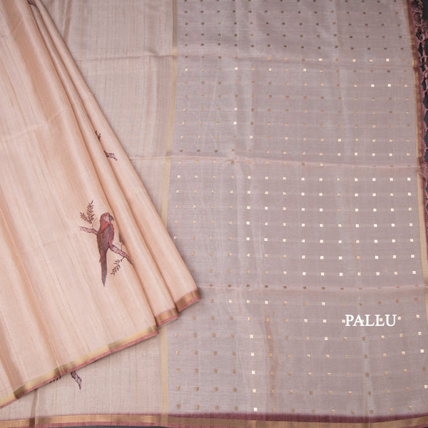 Raw Silk Light Peach Parrot Printed Saree And Ribbon Border