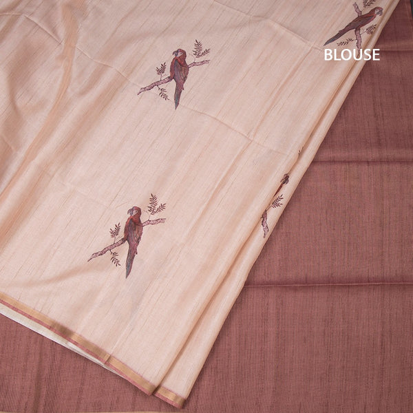 Raw Silk Light Peach Parrot Printed Saree And Ribbon Border