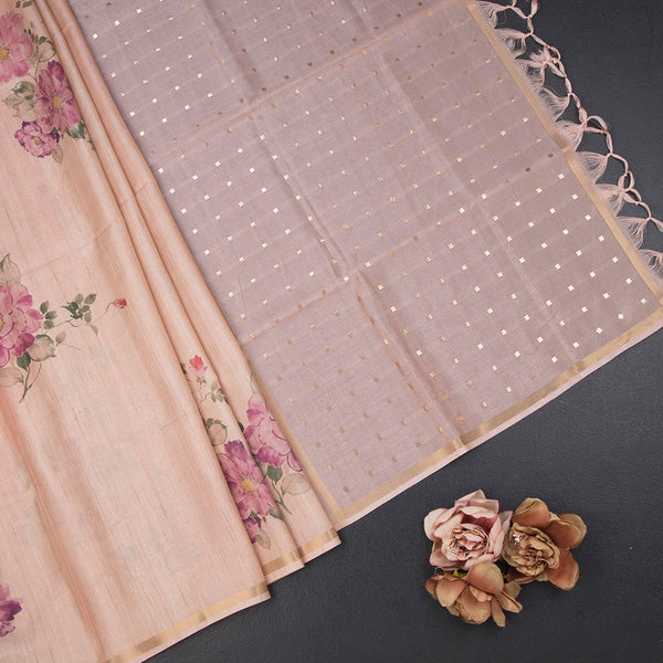 Raw Silk Light Peach Floral Printed And Ribbon Border