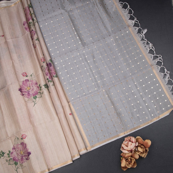 Raw Silk Cream Floral Printed And Ribbon Border
