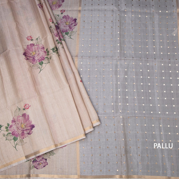 Raw Silk Cream Floral Printed And Ribbon Border