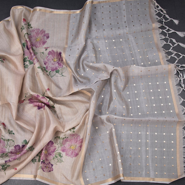 Raw Silk Cream Floral Printed And Ribbon Border