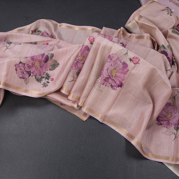 Raw Silk Onion Pink Floral Printed And Ribbon Border