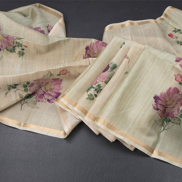 Raw Silk Pista Green Floral Printed Saree And Ribbon Border