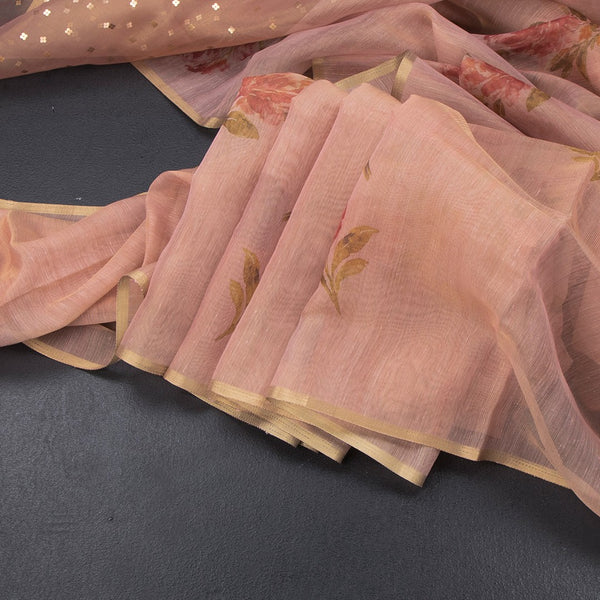 Raw Silk Peach Floral Printed Saree