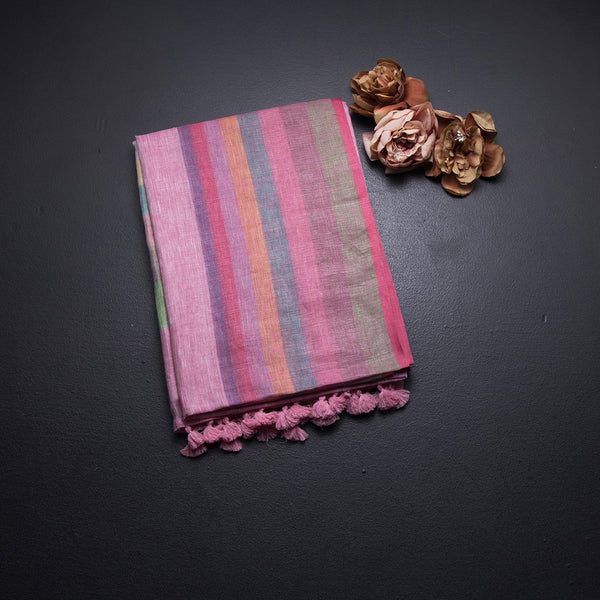 Linen Light Pink Stripes Saree And Multi Colour Border