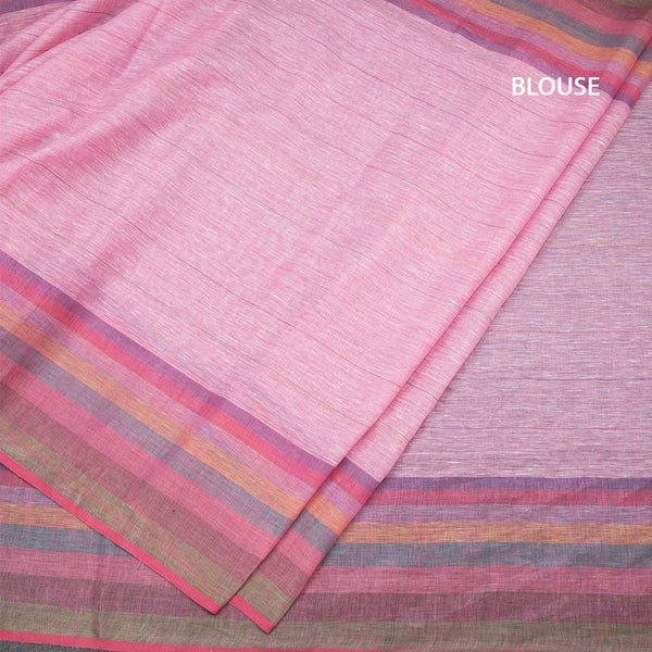 Linen Light Pink Stripes Saree And Multi Colour Border