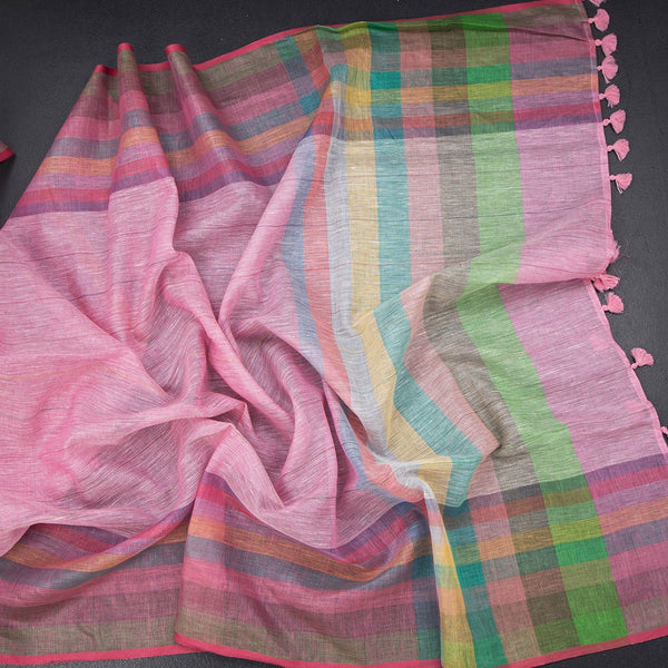 Linen Light Pink Stripes Saree And Multi Colour Border