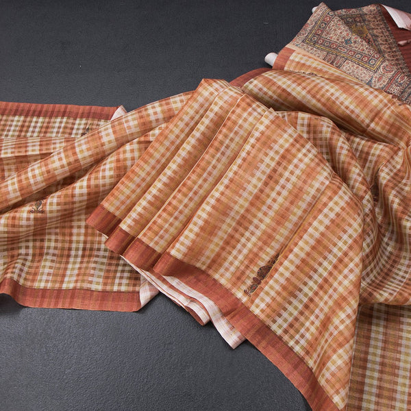 Raw Silk Multi Colour Checked Saree And Ribbon Border
