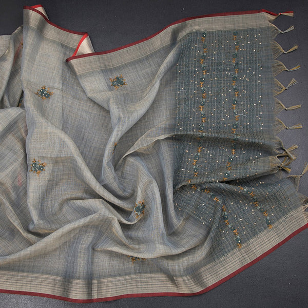 Linen Shot Colour Thread Work Saree And Zari Border