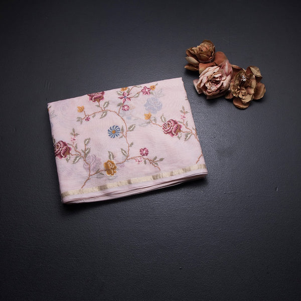 Linen Baby Pink Floral Thread Work Saree