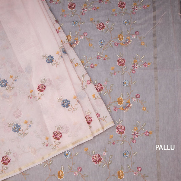 Linen Baby Pink Floral Thread Work Saree