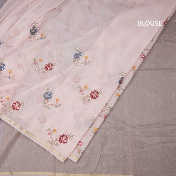 Linen Baby Pink Floral Thread Work Saree