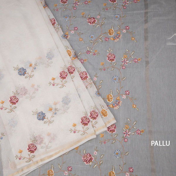 Linen Cream Floral Thread Work Saree 03
