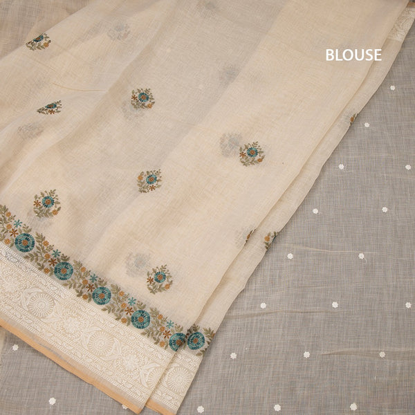 Linen Cream Floral Thread Work Saree 02