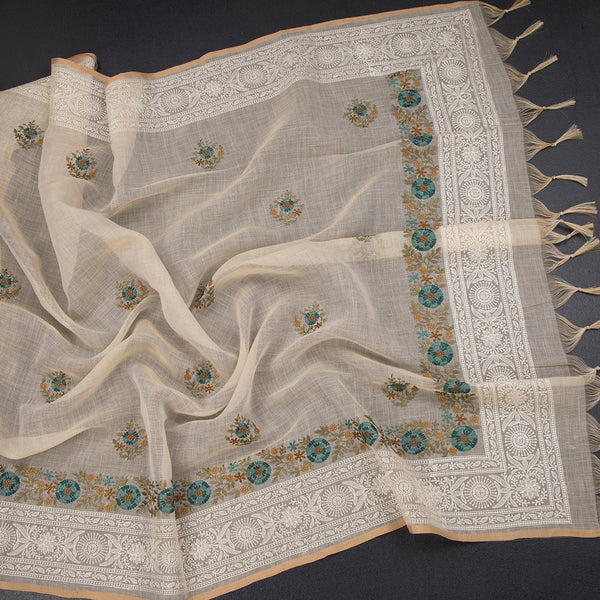 Linen Cream Floral Thread Work Saree 02
