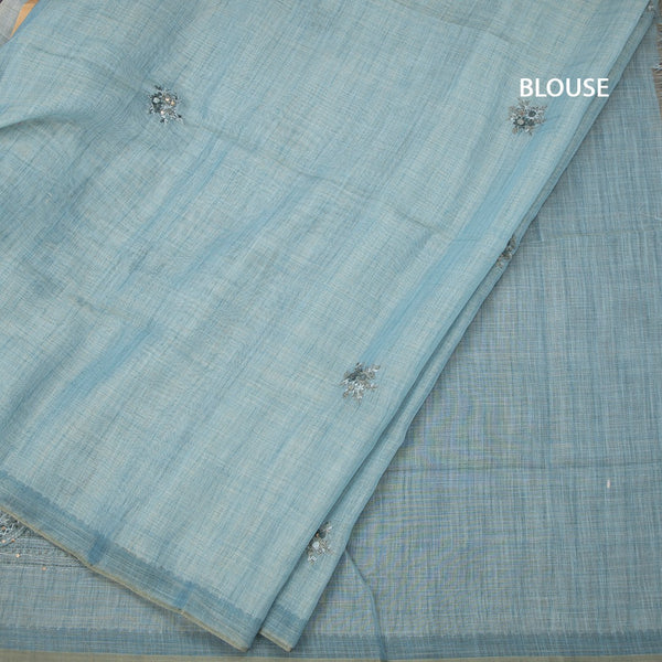 Linen Peacock Blue Floral Thread Work Saree