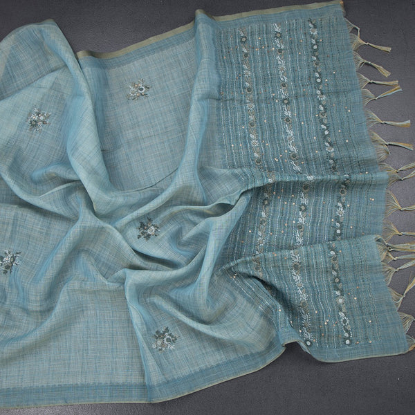 Linen Peacock Blue Floral Thread Work Saree