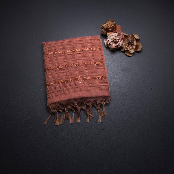 Linen Peach Floral Thread Work Saree