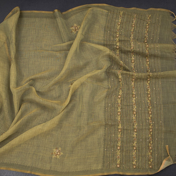 Linen Mehandi Green Floral Thread Work Saree