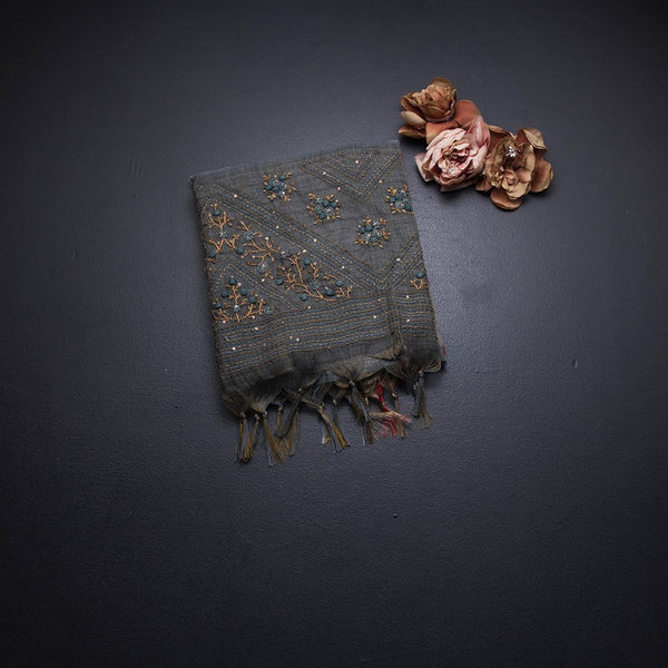 Linen Grey Floral Thread Work Saree