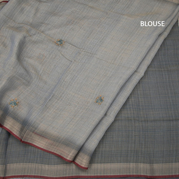 Linen Grey Floral Thread Work Saree