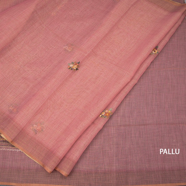 Linen Peach Floral Thread Work Saree 02