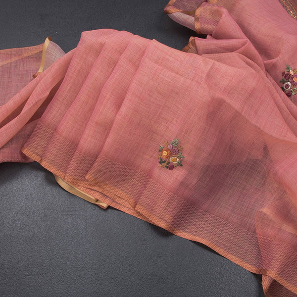 Linen Peach Floral Thread Work Saree 02