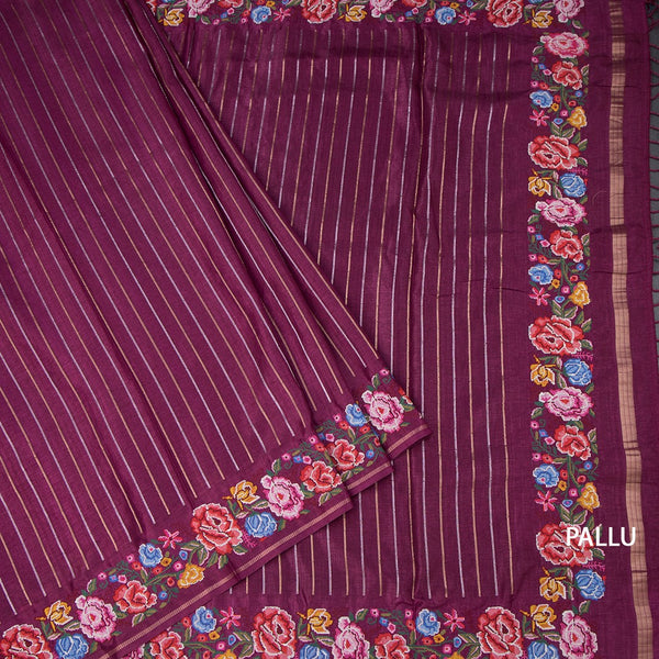 Raw Silk Magenta Purple Zari Stripes Saree And Thread Border 02